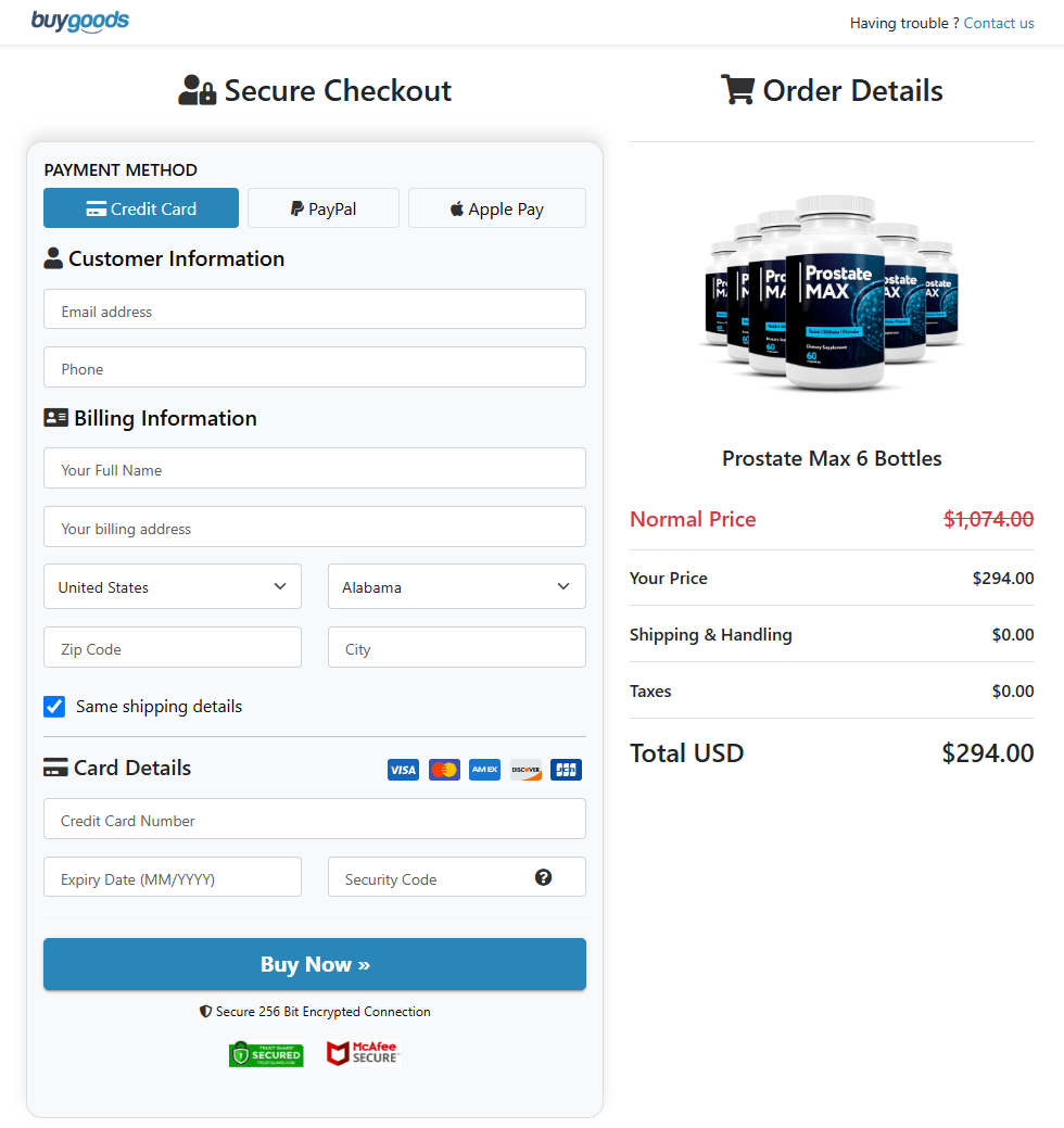 Prostate Max checkout page